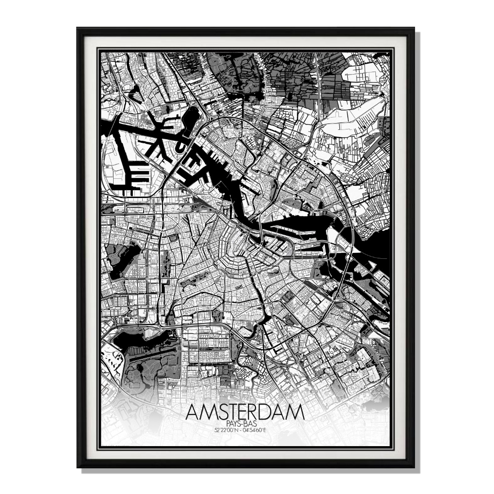 Affiche Amsterdam Carte N&B 40x50