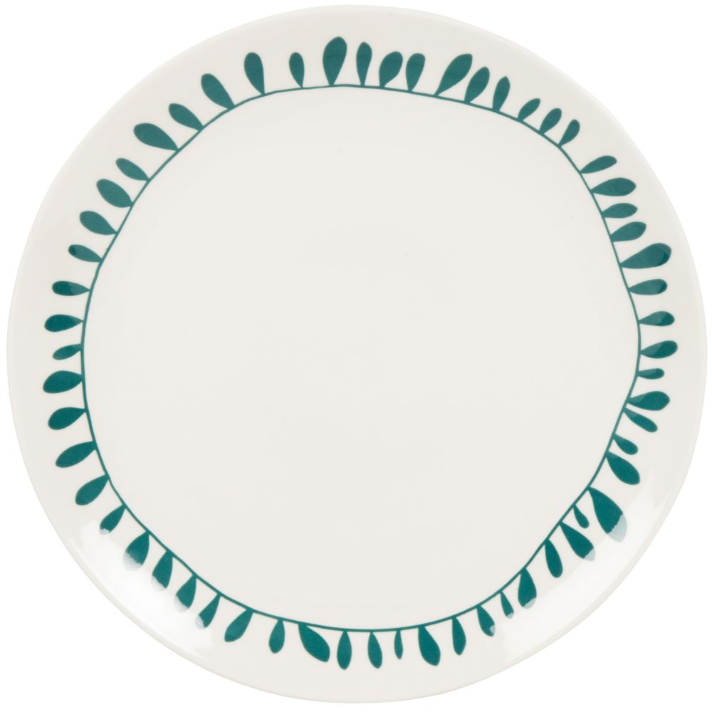 Assiette plate en porcelaine blanche motif végétal vert