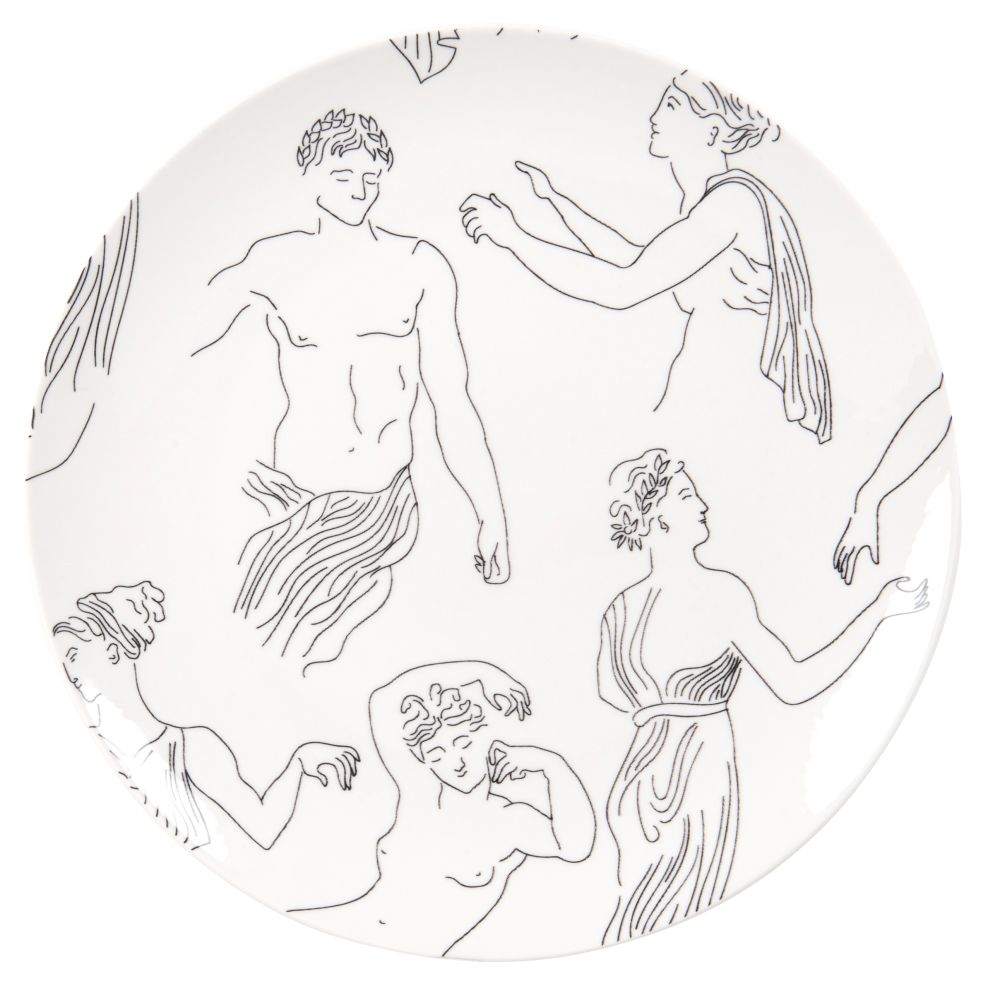 Assiette plate en porcelaine blanche motifs silhouettes antiques noires