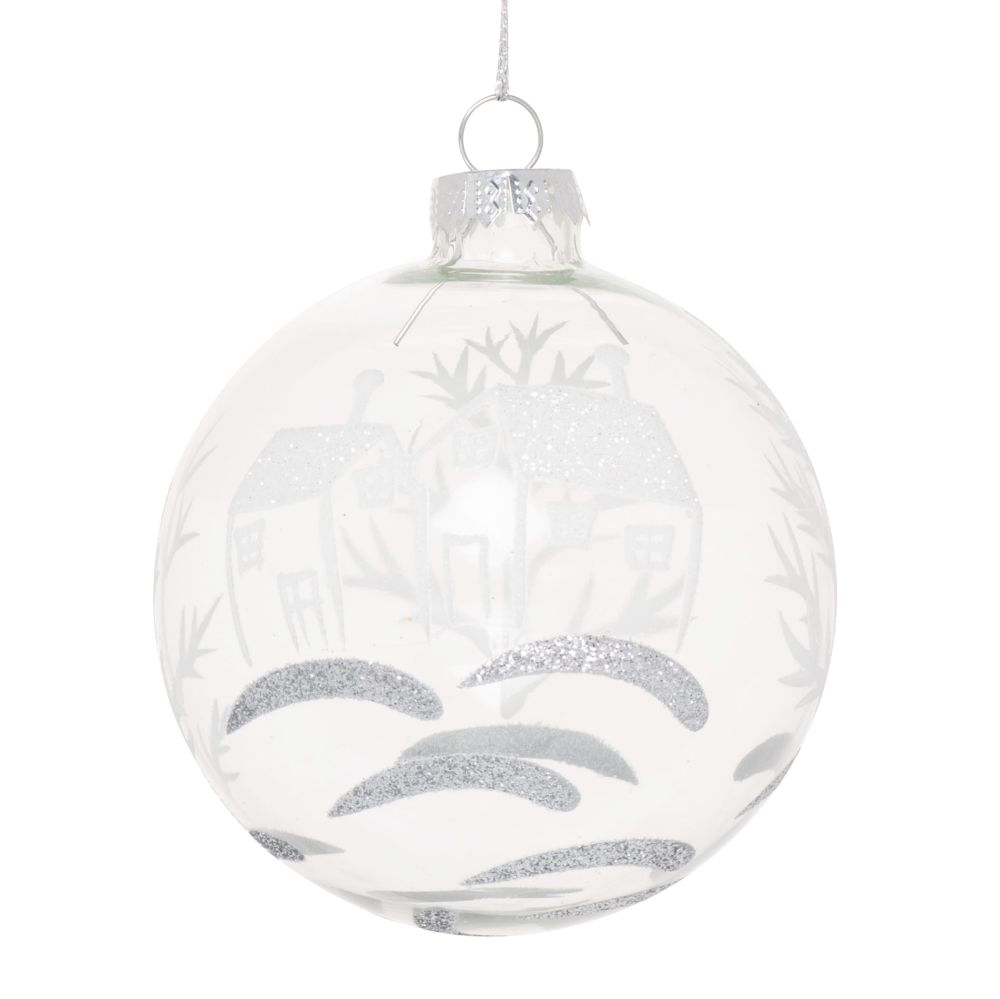 Boule de Noël en verre à motifs maison blancs et transparents