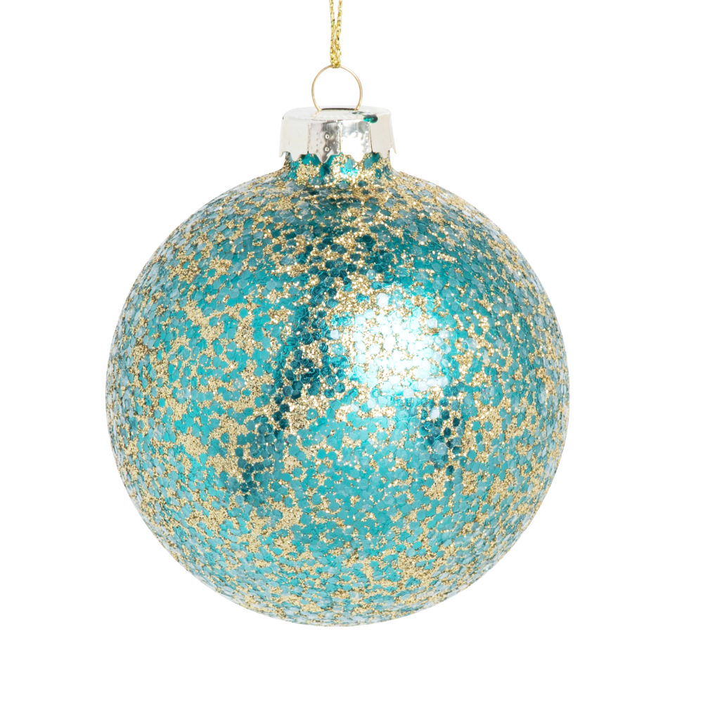 Boule de Noël en verre à paillettes bleu turquoise et dorées