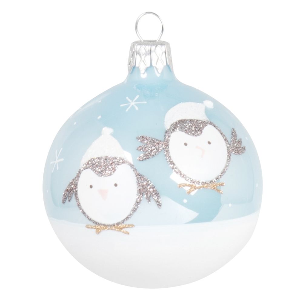 Boule de Noël en verre pingouin bleu clair