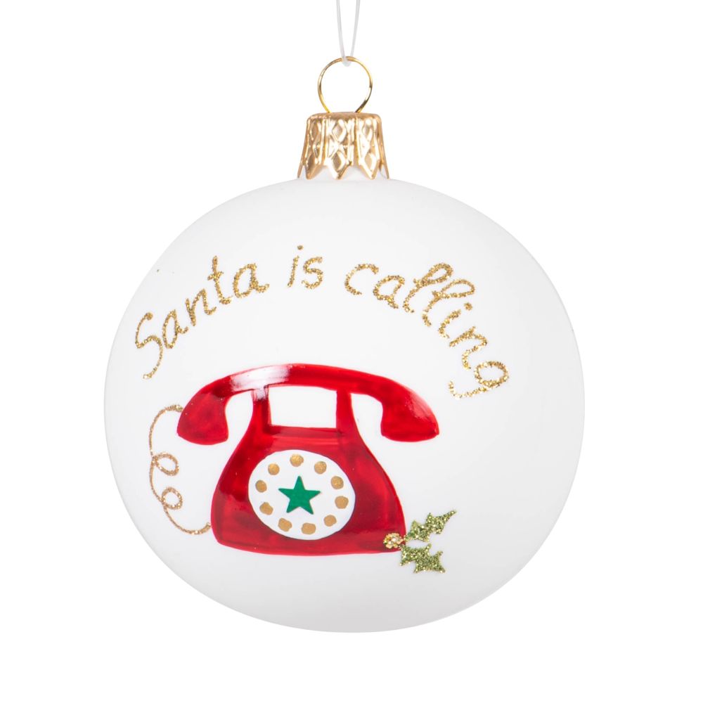 Boule de Noël en verre teinté blanc motif téléphone vintage rouge