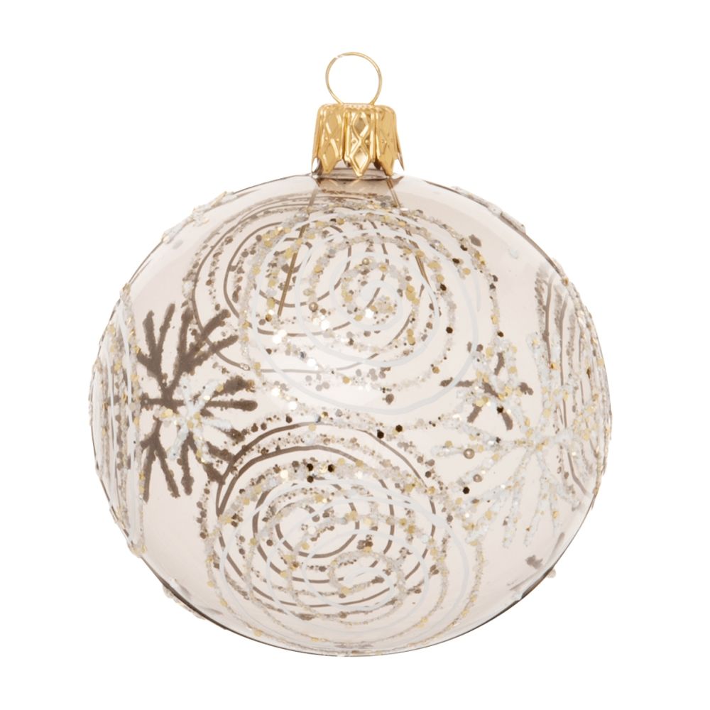Boule de Noël en verre teinté gris motifs spirales et étoiles blanches