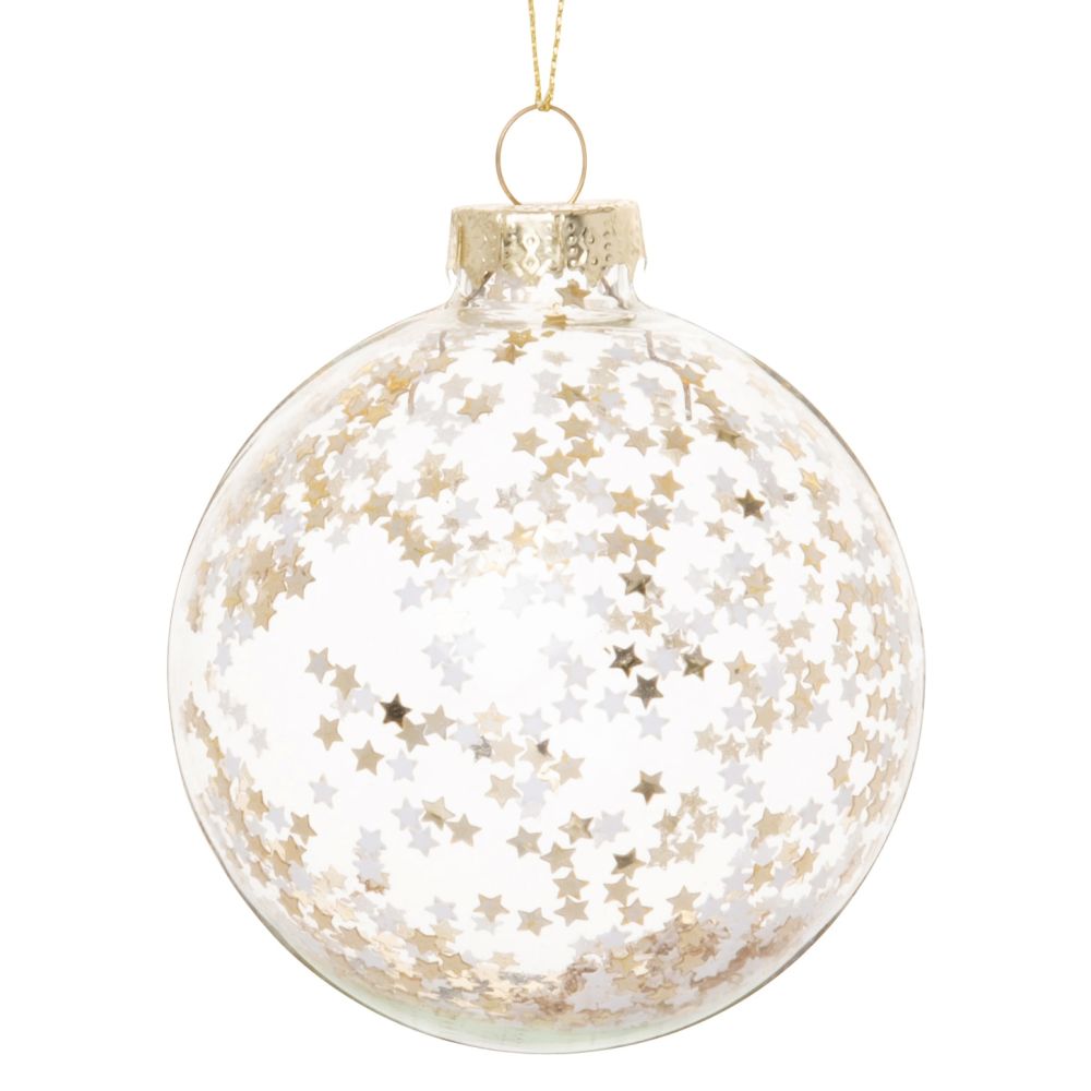 Boule de Noël en verre transparent et confettis étoiles dorées