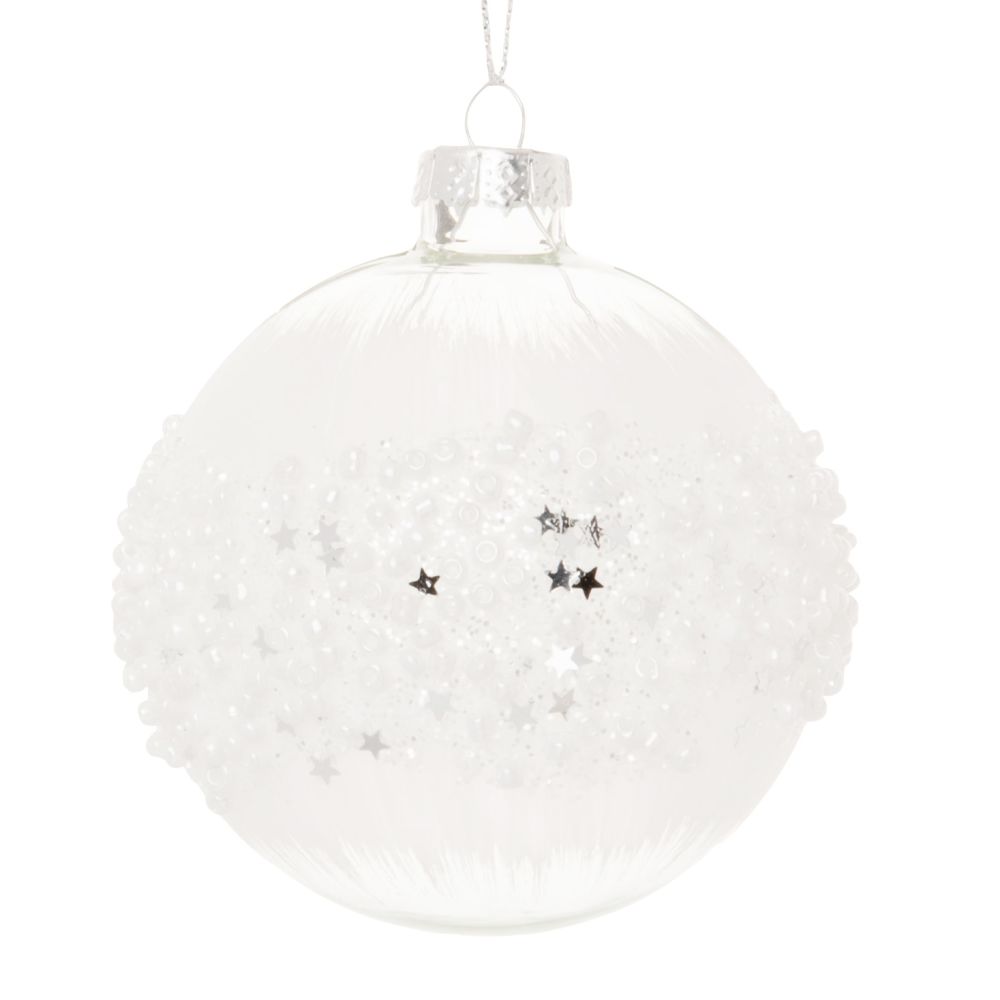 Boule de Noël en verre transparent et teinté blanc et perles blanches