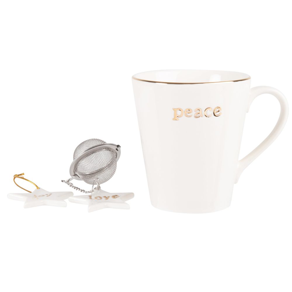 Coffret mug en porcelaine blanche et dorée et boule à thé en inox