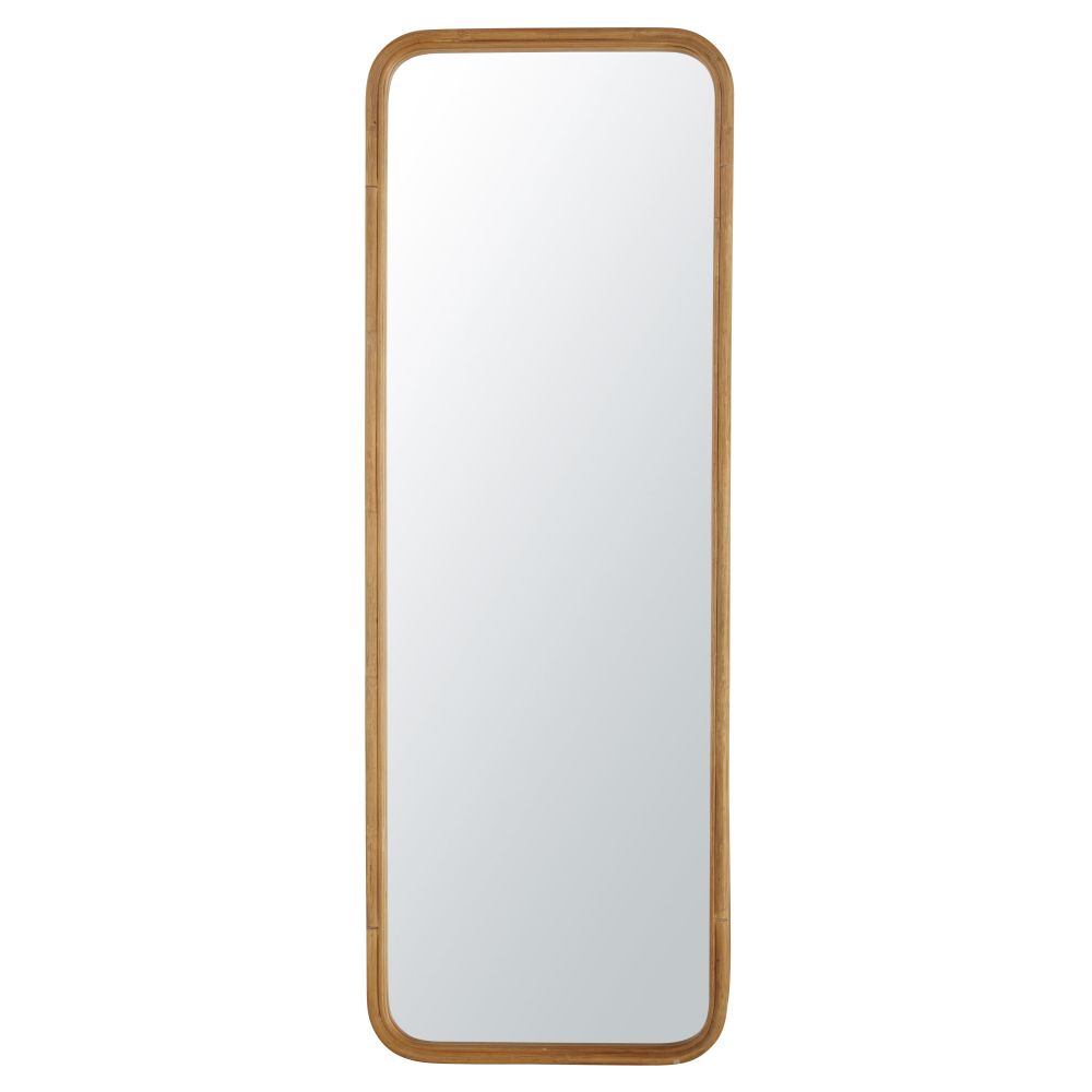 Grand miroir rectangulaire sur pied en rotin marron 61x170