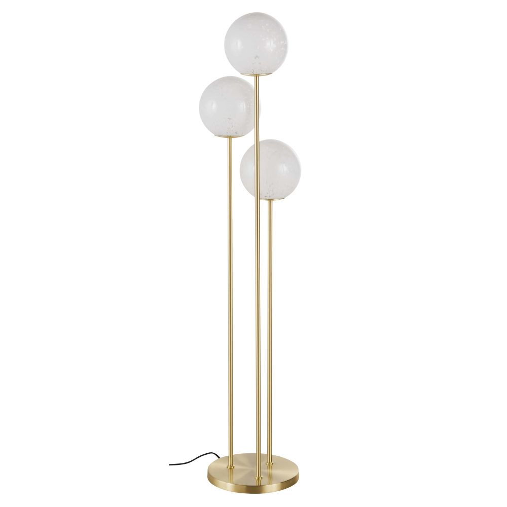Lampadaire 3 globes en verre blanc effet tacheté et métal doré H150