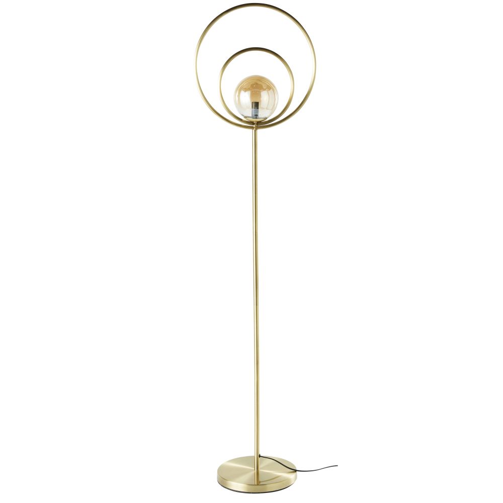 Lampadaire globe en verre teinté ambré et métal doré H162
