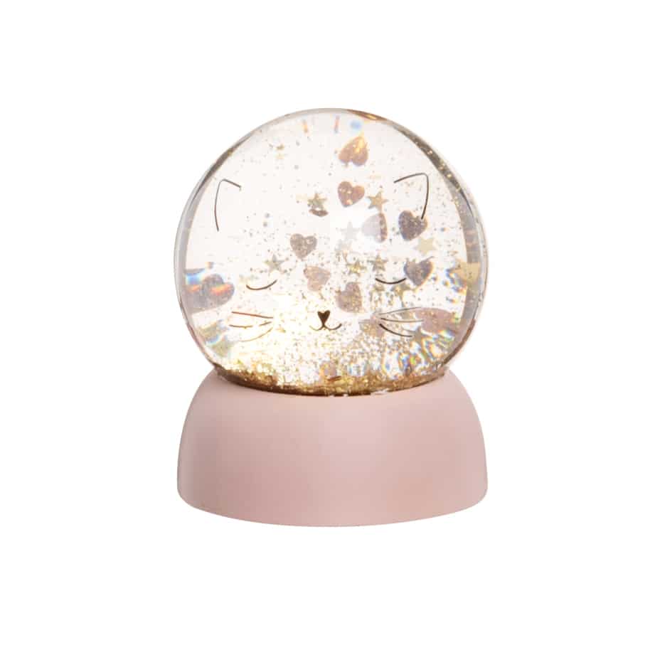 Mini boule à neige rose imprimé chat et paillettes étoiles