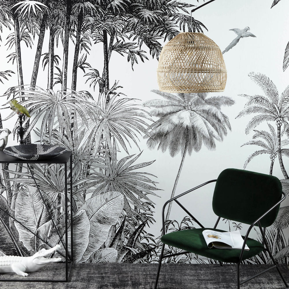 Papier peint panoramique intissé imprimé jungle noir et blanc 300x350