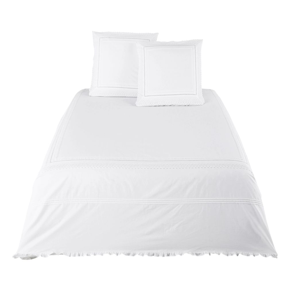 Parure de lit en percale de coton blanc brodé et en crochet 220x240