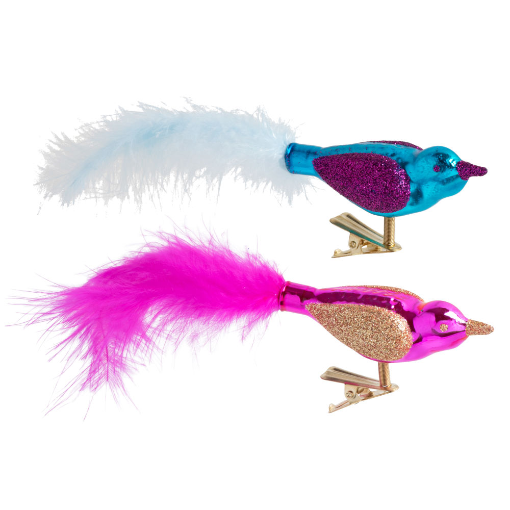 Pinces oiseaux en verre à plumes roses et bleues (x2)