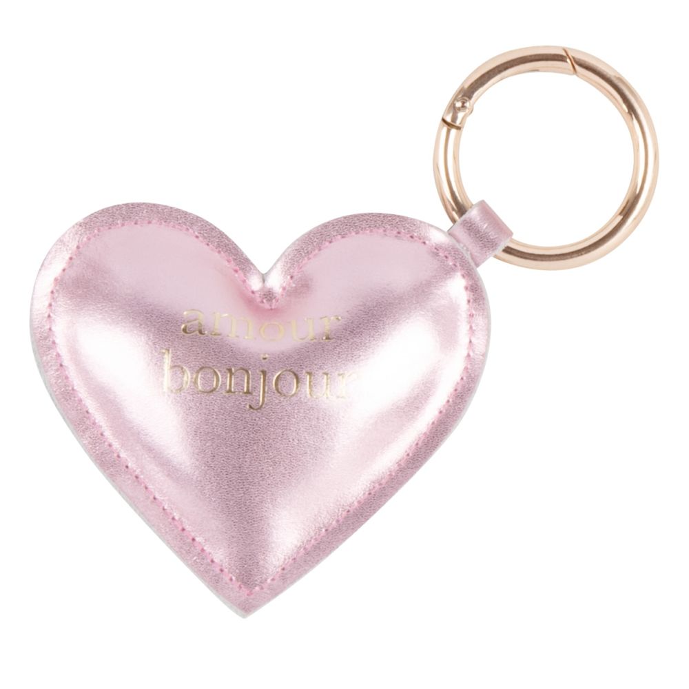 Porte-clés cœur en cuir rose irisé et inscription dorée