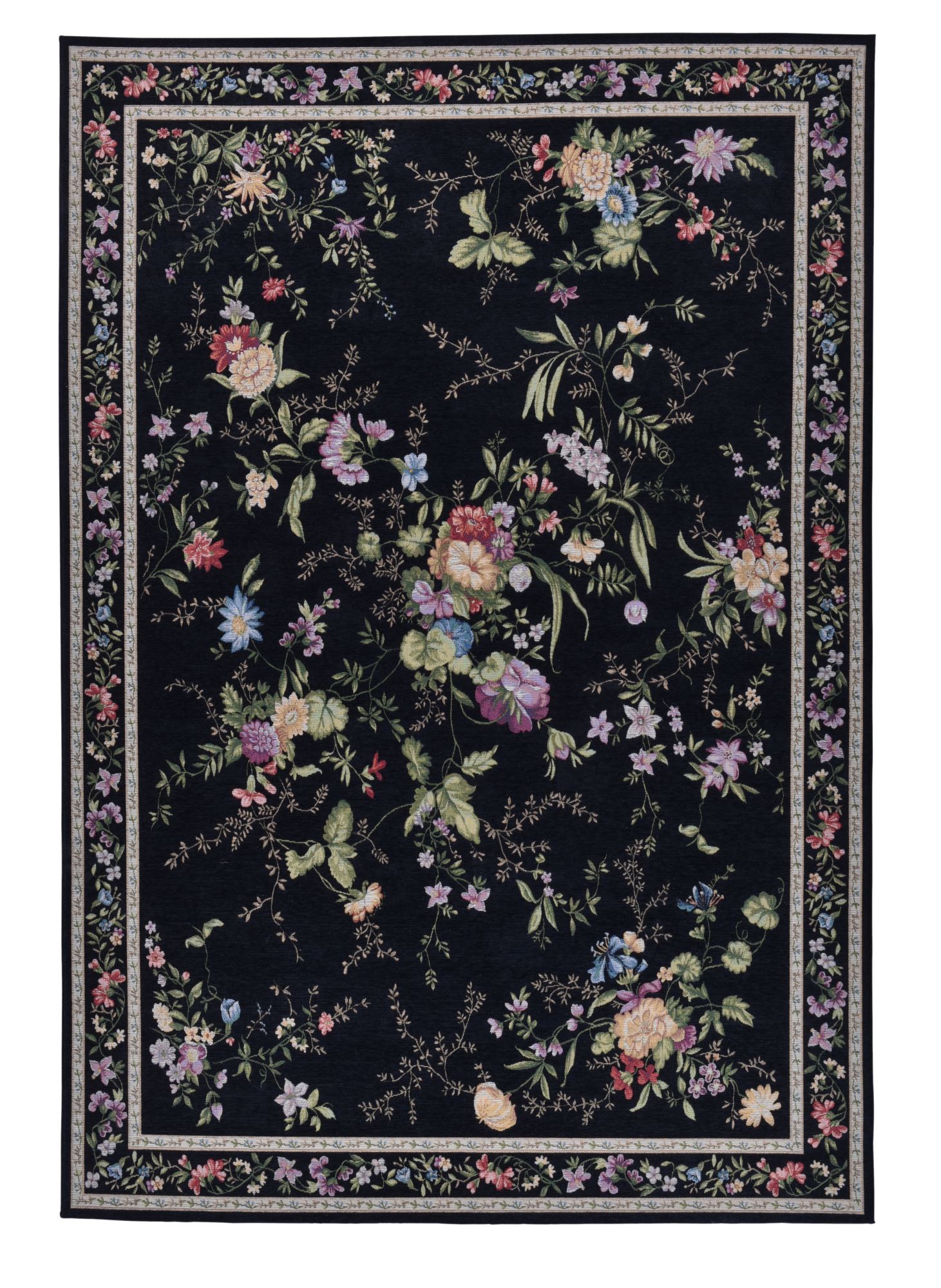 Tapis floral tissé plat - noir 60x90 cm