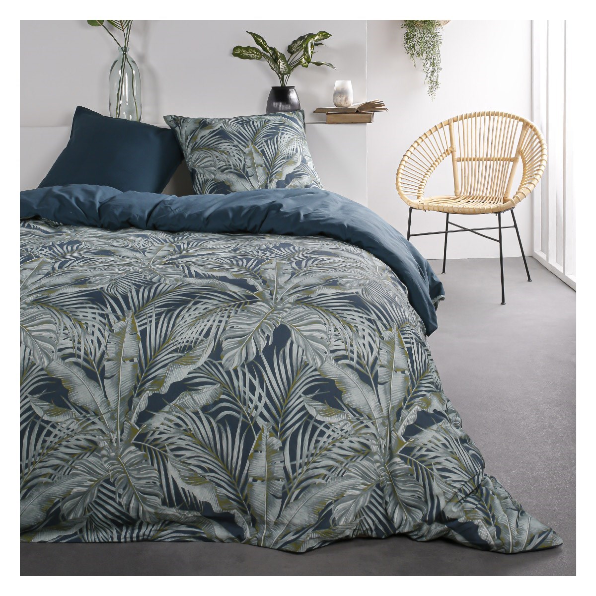 Parure de lit 2 personnes imprimé jungle en Coton Bleu 220x240 cm