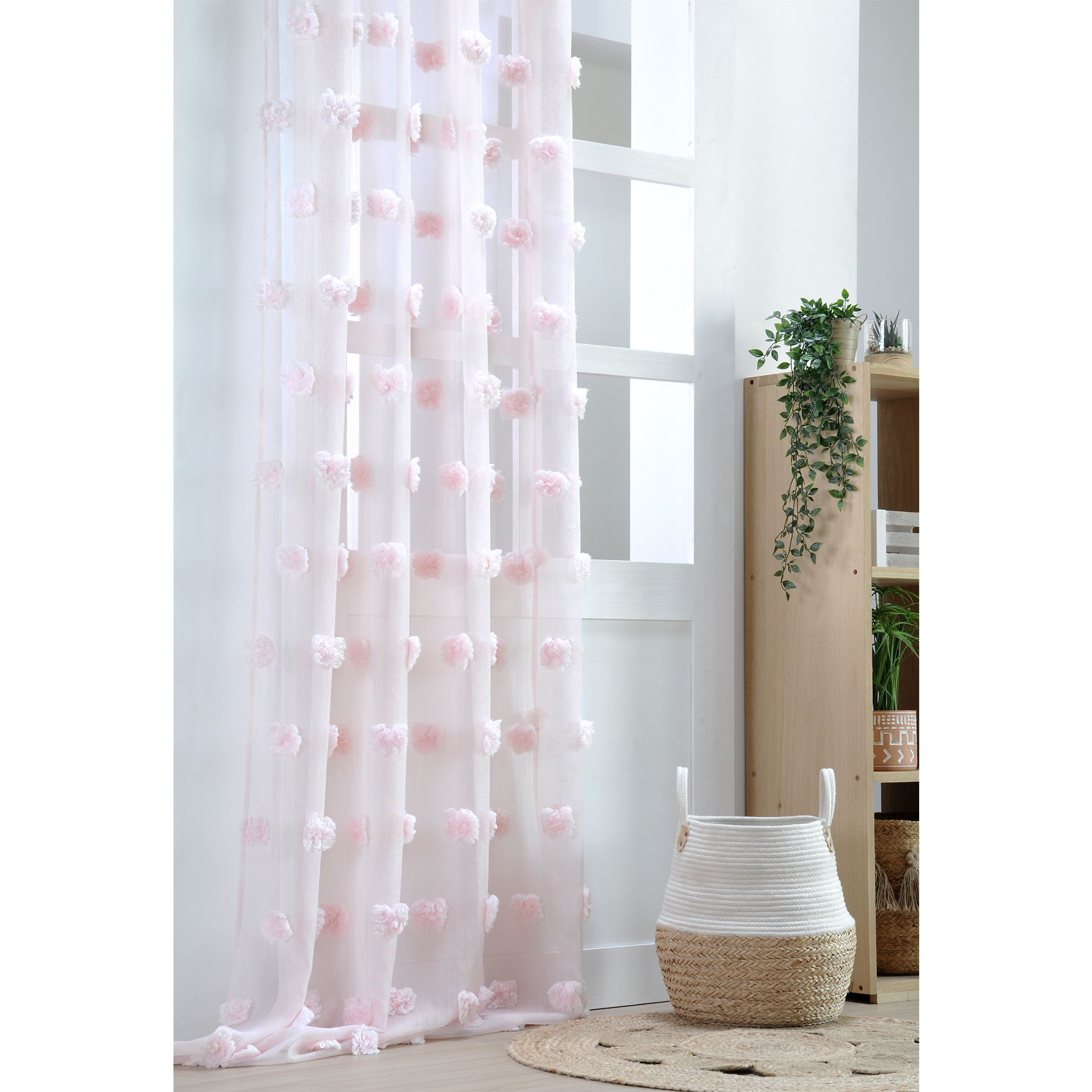 Voilage fantaisie à pompons polyester rose clair 140x260 cm