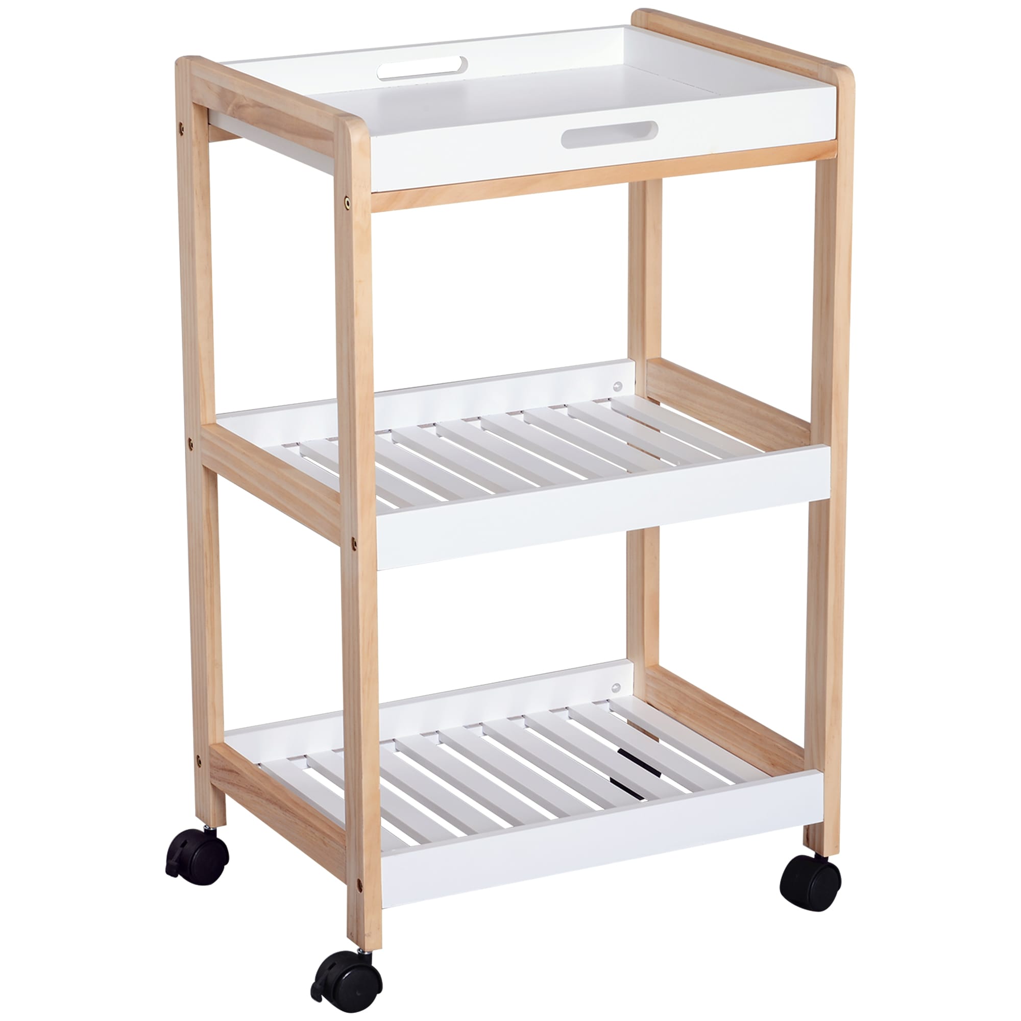 HOMCOM  Desserte de cuisine Chariot de service à roulettes 2 étagères + plateau amovible bois de pin MDF blanc