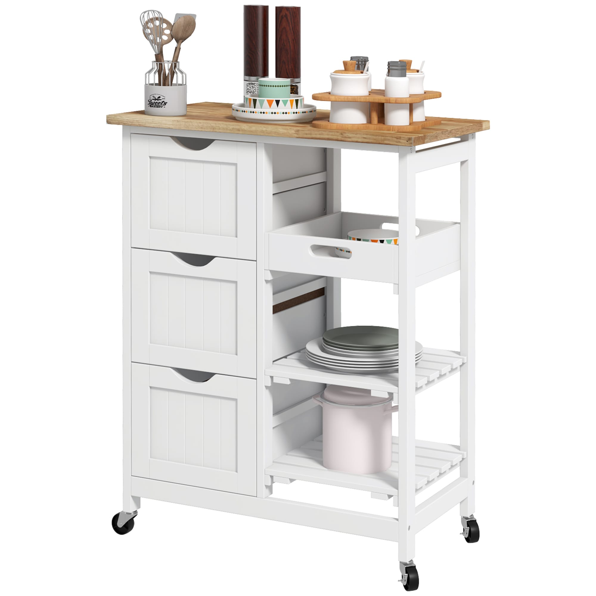 HOMCOM Chariot desserte de cuisine à roulettes plan de travail en bois 3 tiroirs + 1 plateau amovible 67 x 37 x 85