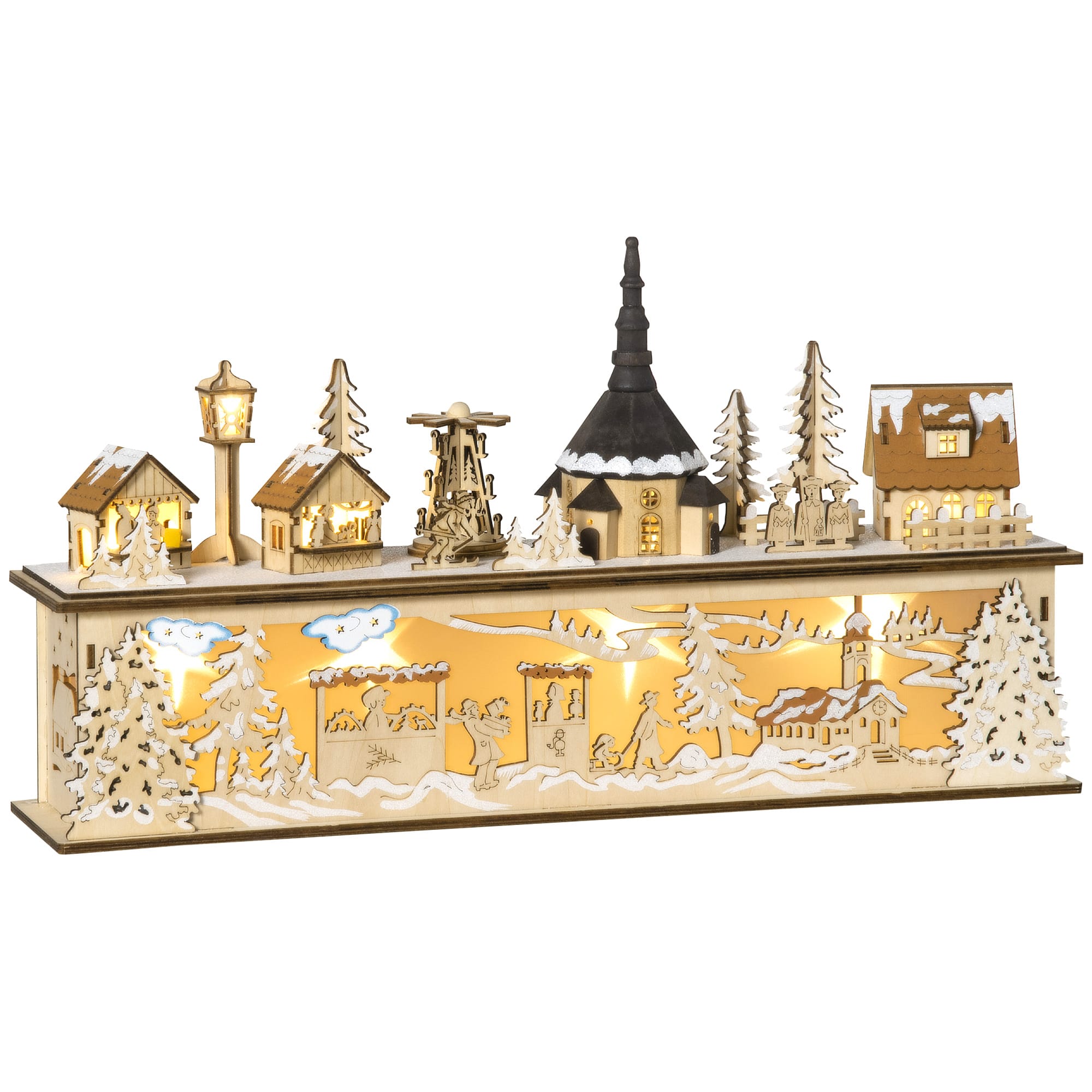 HOMCOM Village de Noël lumineux en bois 10 LED blanc chaud - 45 x 10 x 25 cm