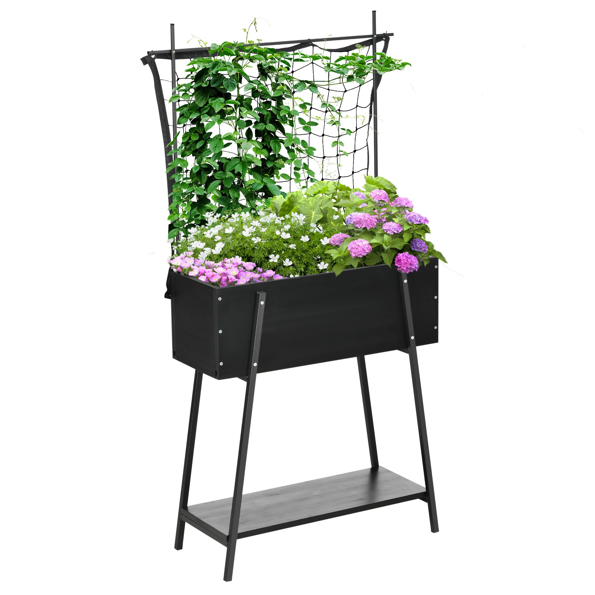 Outsunny Jardinière sur pieds jardiniere bois avec étagère inférieure et treillis filet pour plantes dim. 89L x 34l x 168H cm Aosom France Outsunny Jardinière sur pieds jardiniere bois avec étagère inférieure et treillis filet pour plantes dim. 89L x 34l x 168H cm Aosom France