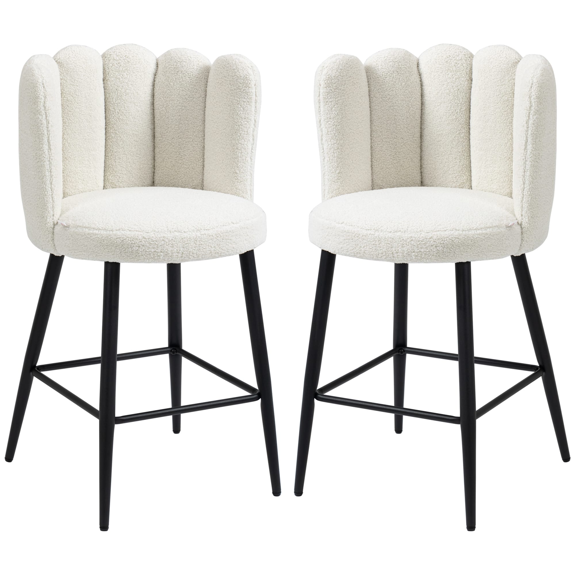 HOMCOM Lot de 2 chaises hautes tabourets de bar avec repose-pieds acier tissu effet laine bouclée hauteur 65 cm crème noir