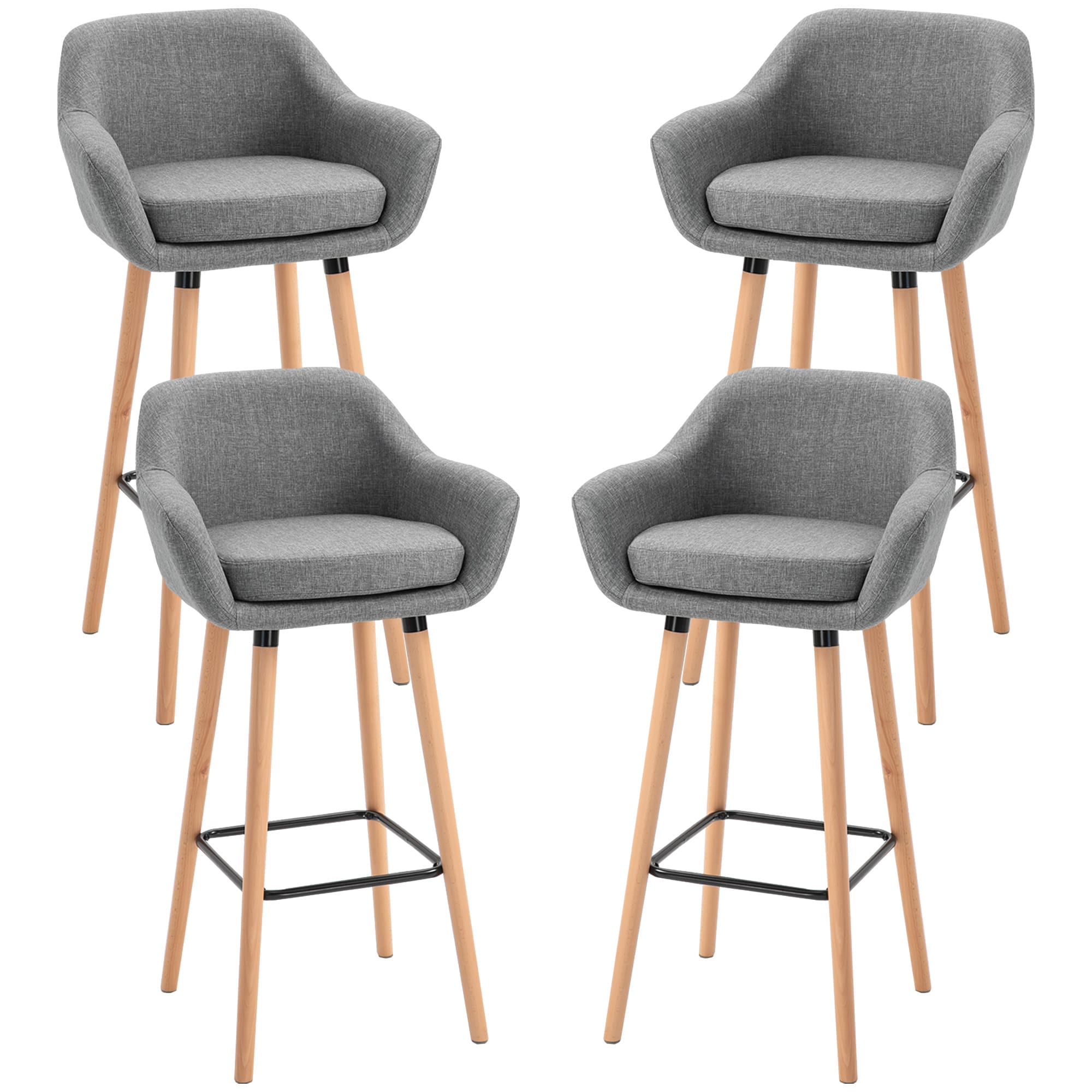 HOMCOM Tabourets de Bar Design scandinave Lot de 4 tabourets de Bar avec Repose-Pieds et accoudoirs Bois massif Lin Gris foncé