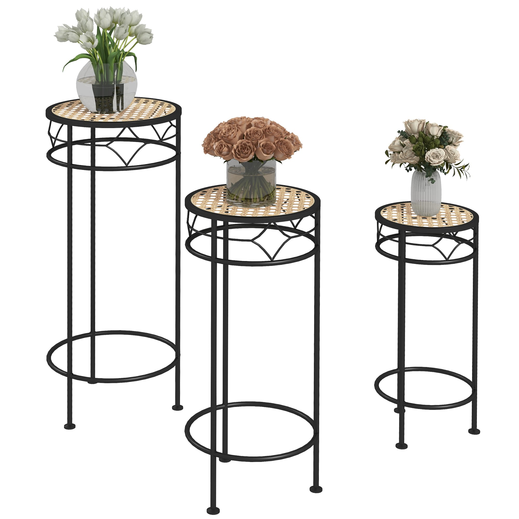 Outsunny Lot de 3 Supports Plantes Ronds Étagères à Fleurs Empilables Design Rotin   Aosom France