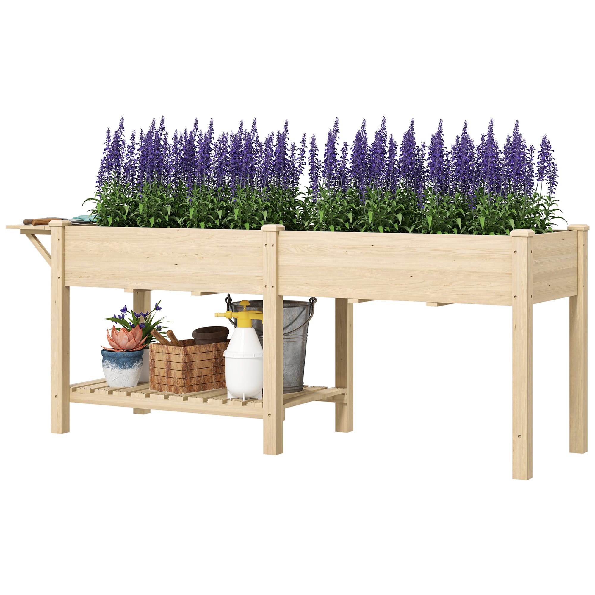 Outsunny Jardinière sur pieds carré potager de jardin sur pieds 2 bacs tablette étagère inférieure 207 x 59 x 78 cm bois naturel