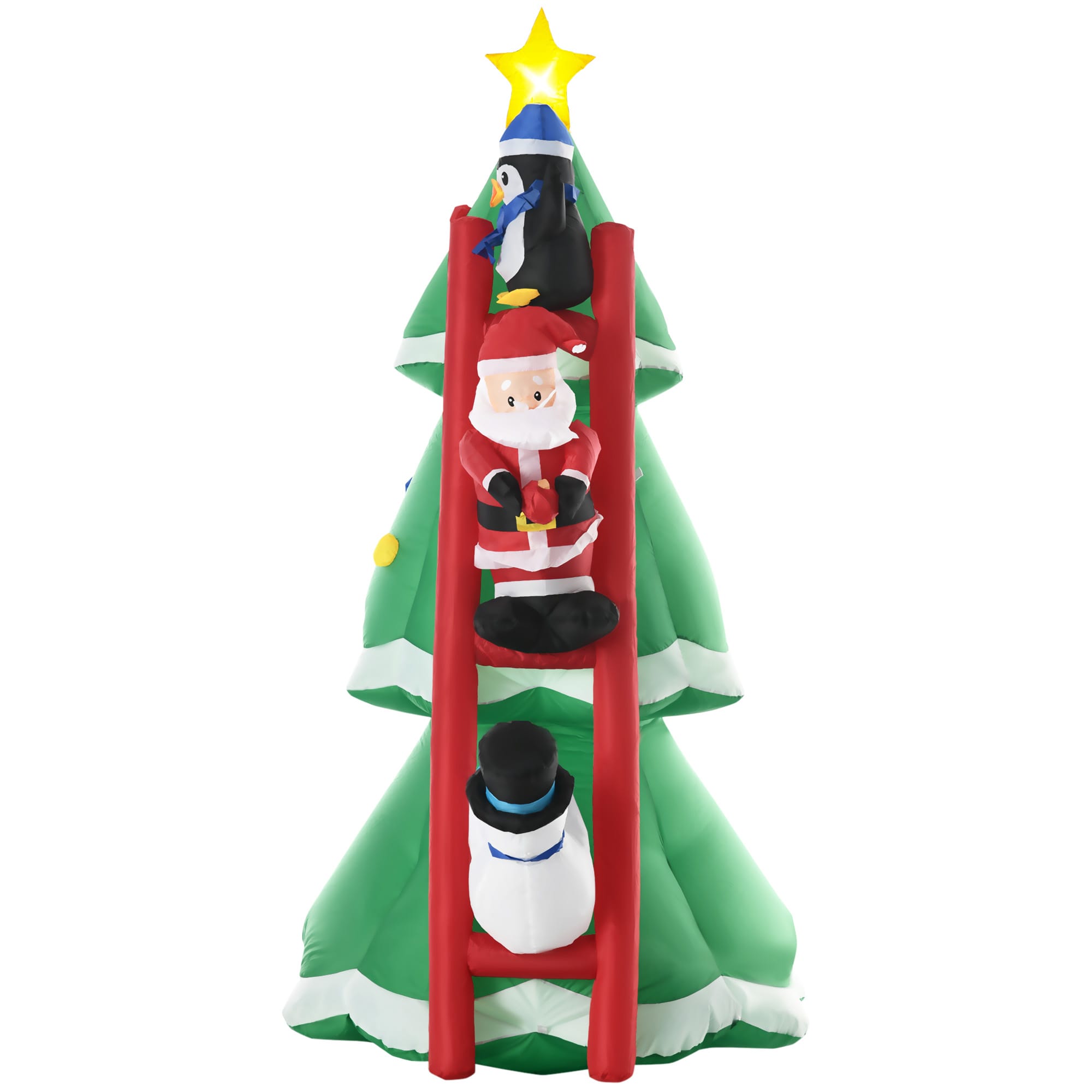 Outsunny Sapin de Noël gonflable 247 cm avec LED intégrée échelle père Noël bonhomme de neige et pingouin vert blanc   Aosom France