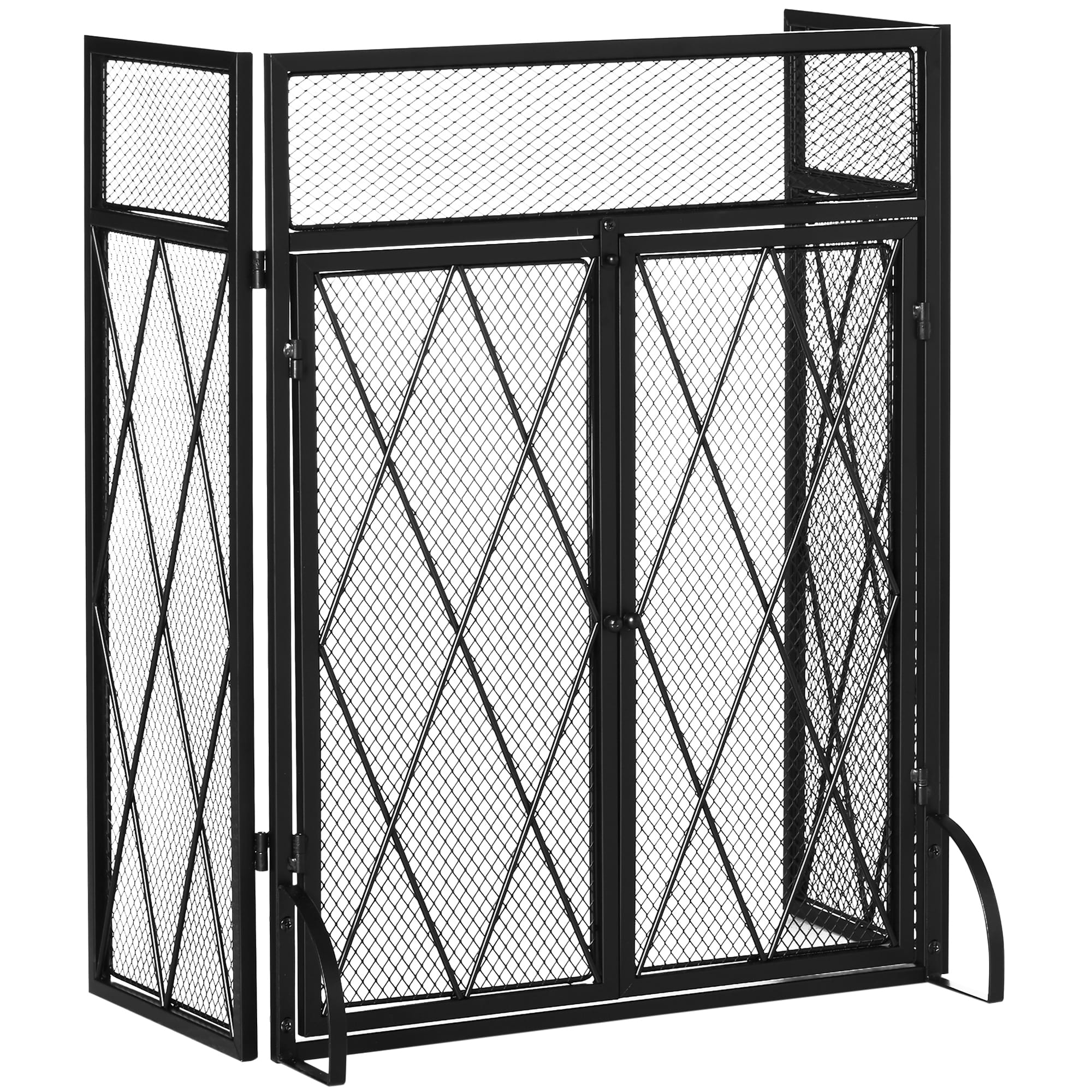 HOMCOM Grille de protection pour cheminée Pare-feu pour cheminée ou poêle pare-étincelles Barrière de sécurité 3 volets pliables et porte métal noir