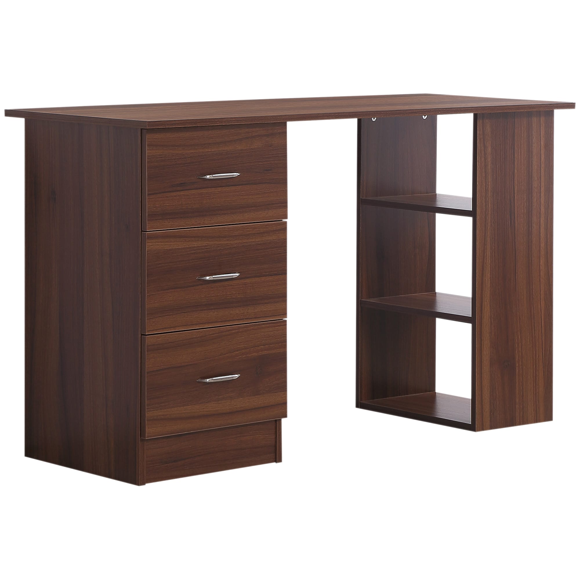 HOMCOM Bureau informatique table multi-fonctions 3 tiroirs 3 étagères dim. 120L x 49l x 72H cm panneaux de particules noyer