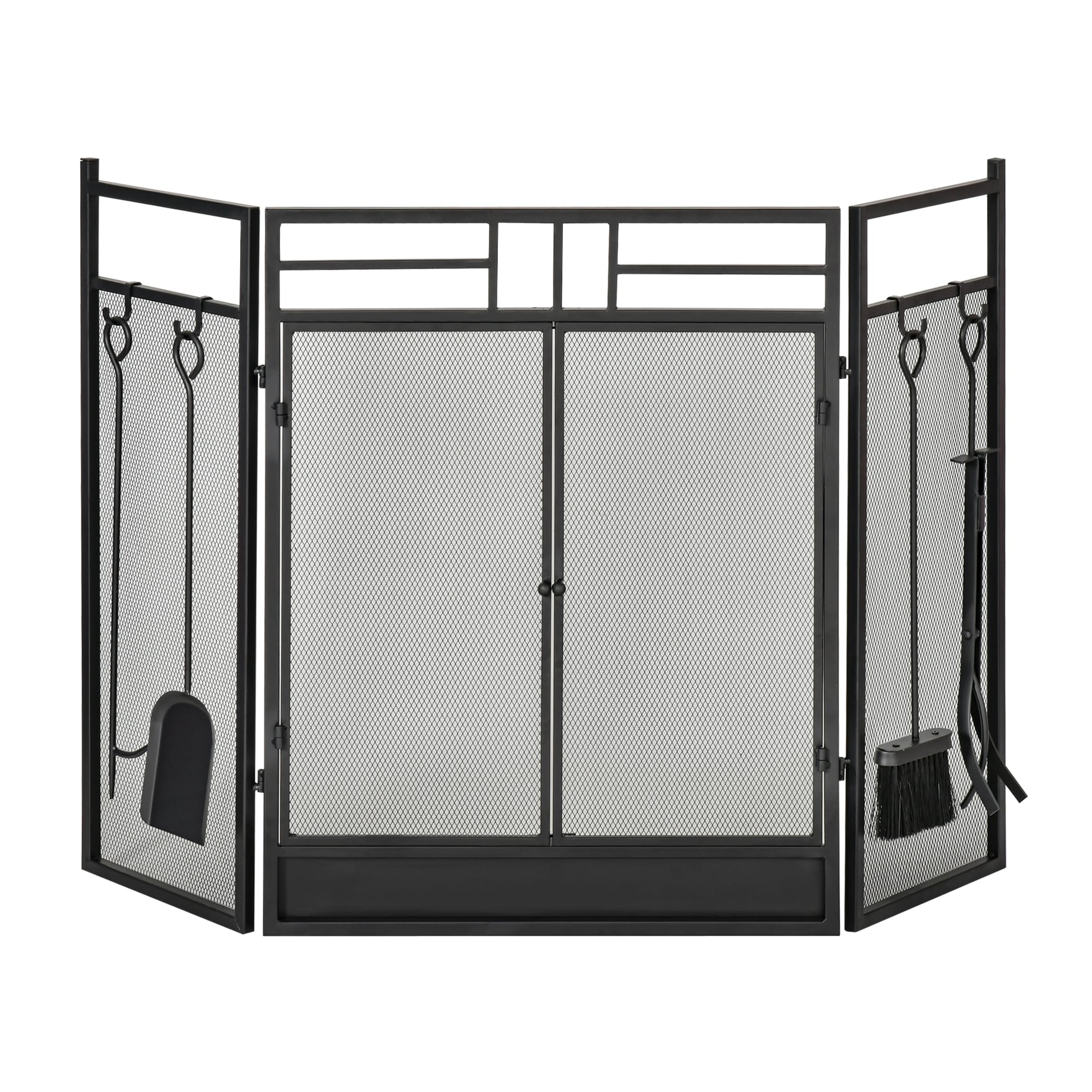 HOMCOM Pare-feu Large pour cheminée ou poêle - Pare-étincelles serviteur de cheminée 2 en 1 avec Accessoires - 3 Volets Pliables et Porte Noir