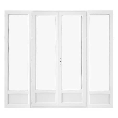 Porte fenêtre PVC 2 vantaux ouverture à la française soubassement avec un latéral fixe de chaque coté