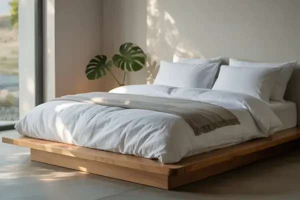 Un lit deux places avec un matelas minimaliste